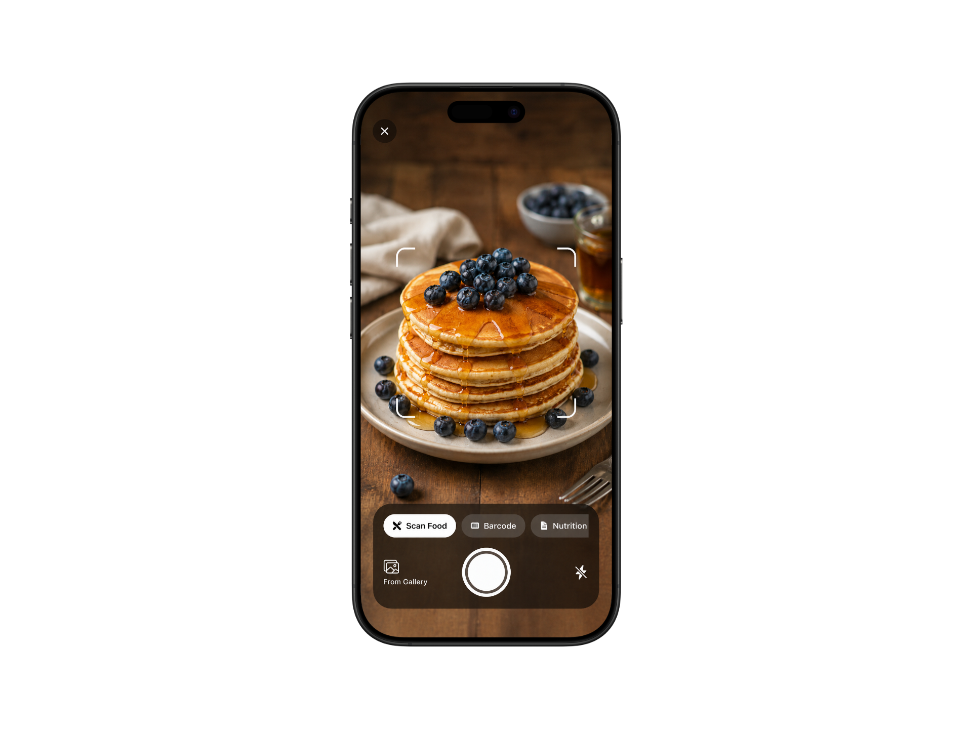 Phalanx camera scanning a stack of pancakes with Scan Food, Barcode, and Nutrition modes